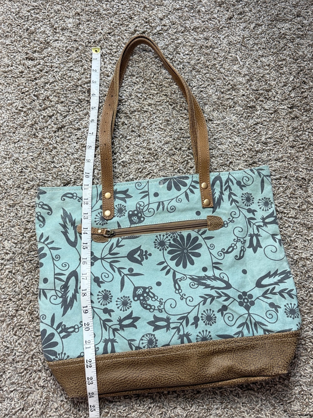 Myra Bag Blue Canvas Floral Tote Bag with Brown Accents - Picture 5 of 8